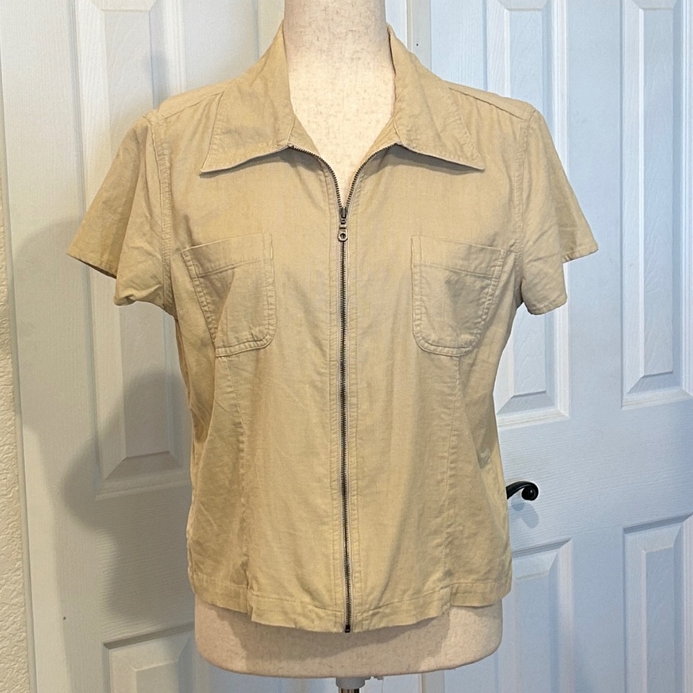 Best Authentic Top Beige Fine Corduroy Zip Up Collar Vintage Size Large